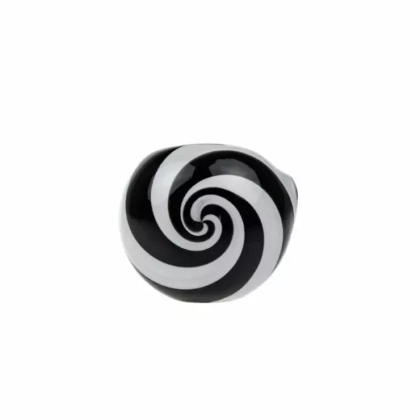 Hand pipe with black and white striped spiral design and trippy head symbol on top. Intricate and detailed pattern. Base and shaft are round and curved.