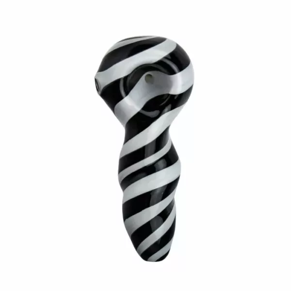 Black and white striped sculpture, Black Spiral Trippy Head Hand Pipe G-Spot, made of glass/plastic, curved with twisted pattern, sits on white background.