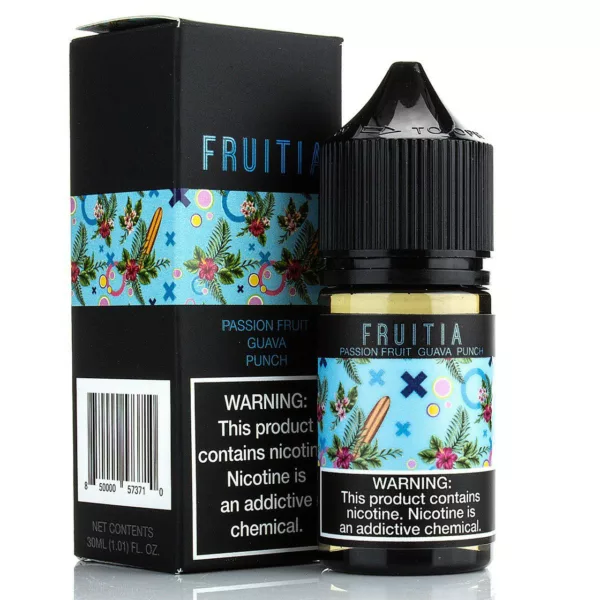 Fruitia Salt Passion Fruit Guava Punch e-liquid in blue and white label on white background.