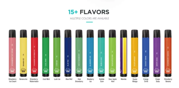 Eye-catching image of various e-cigarette flavors in bright colors, arranged in a visually appealing way. Effective marketing tool for e-cigarette companies.