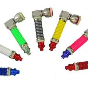 Six pipes in a circular pattern made of stainless steel and colored plastic, connected by hoses and a metal valve for gas/liquid control.