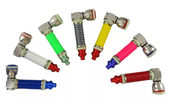 Six pipes in a circular pattern made of stainless steel and colored plastic, connected by hoses and a metal valve for gas/liquid control.