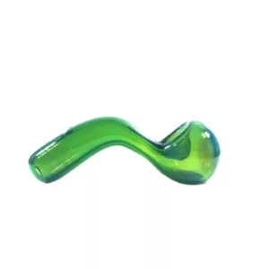 Translucent green glass jellyfish-shaped vaporizer with curved body, flat bottom, round head, and two tentacle mouthpieces.