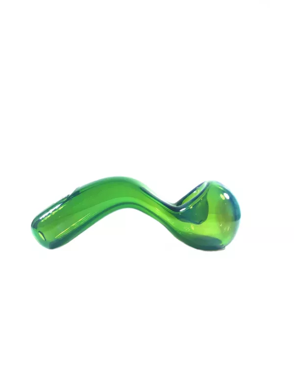 Translucent green glass jellyfish-shaped vaporizer with curved body, flat bottom, round head, and two tentacle mouthpieces.