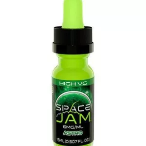 Green 15ml e-liquid bottle with white label featuring astronaut image and Space Jam branding.