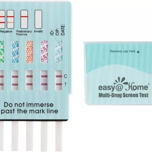 5 Panel Multi Drug Test detects hCG in urine to determine pregnancy. Features blue control line and pink test lines.