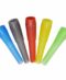 Five unique plastic hookah hose tips in blue, green, yellow, orange, and red. Close-up image with no visible background.