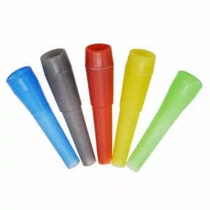 Five unique plastic hookah hose tips in blue, green, yellow, orange, and red. Close-up image with no visible background.