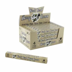 Hand-rolled hemp cones, packaged in brown paper with Skunk Brand Hemp Cones logo. Each cone has a sealed end and the brand name printed on the outside.