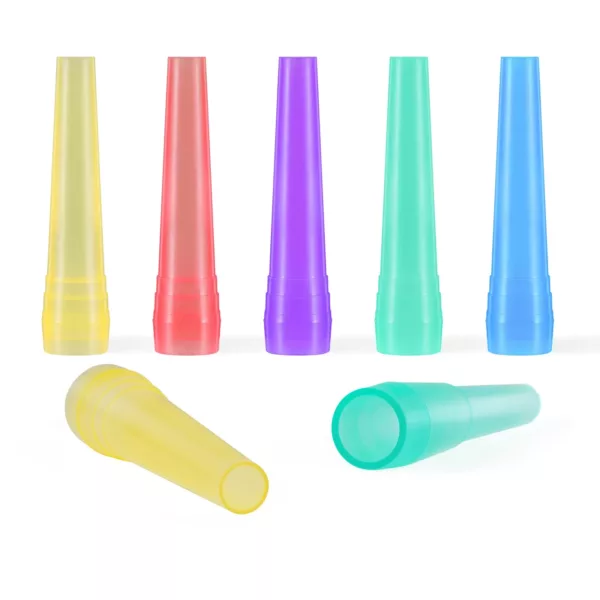 Colorful plastic hookah hose tips in yellow, blue, and red, available on BVYHS53.