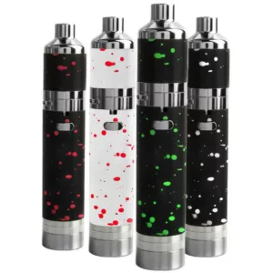 Portable vaporizer with sleek, modern design and compact size. Available in black, red, and green color scheme.