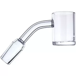 Clear glass smoking pipe with bent stem, flared mouthpiece, and base hole for screen. NN643144.