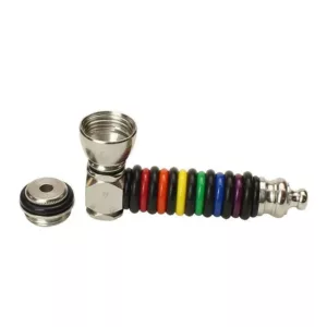 Stainless steel pipe with rainbow ring for decorative use, featuring a sleek design and large bowl.
