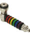 Stainless steel pipe with rainbow ring on end. Black finish. White background. 442 Fruit Stripe.