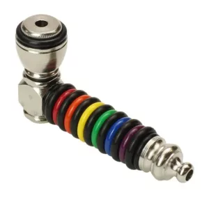 Stainless steel pipe with rainbow ring on end. Black finish. White background. 442 Fruit Stripe.