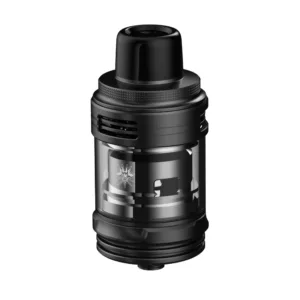The UForce-L tank by VooPoo has a sleek black design with a large clearomizer, two airflow control rings, and a 5mL capacity. It is made of high-quality materials and features a prominent VooPoo logo on the front.