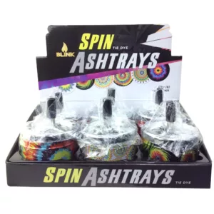 Vibrant tie-dye spinner ashtrays in a colorful display case, perfect for any smoking space.