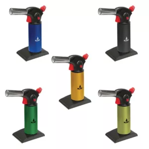 Five versatile colored torches with metal stands and red on/off buttons for soldering, welding, and brazing.