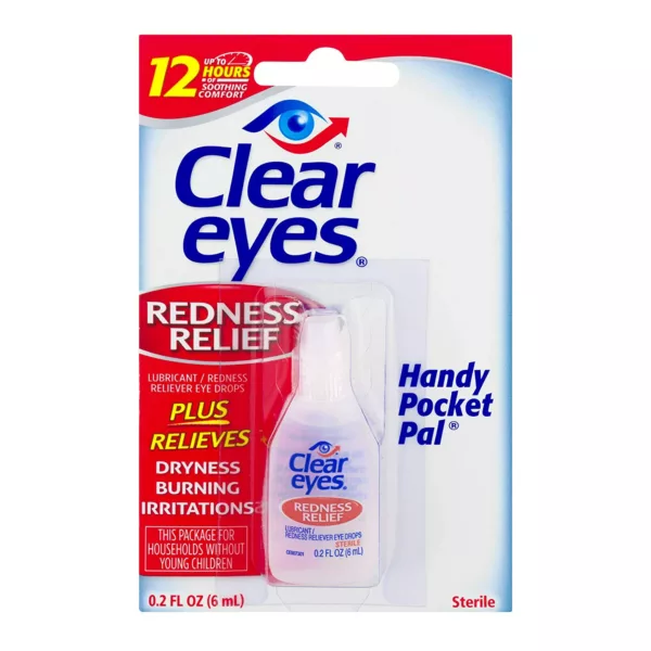 Redness Relief eye drops in a small blue cap bottle from Clear Eyes company.