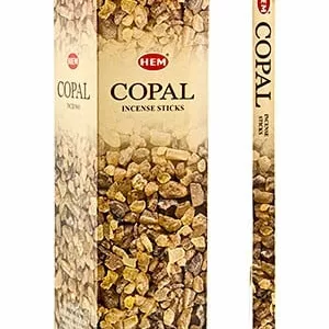 Copal incense, in a simple cardboard box with a tree image, for spiritual purification.