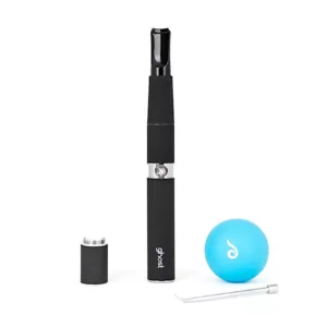 Electronic cigarette with blue tip and clear case, featuring small button and LED light.