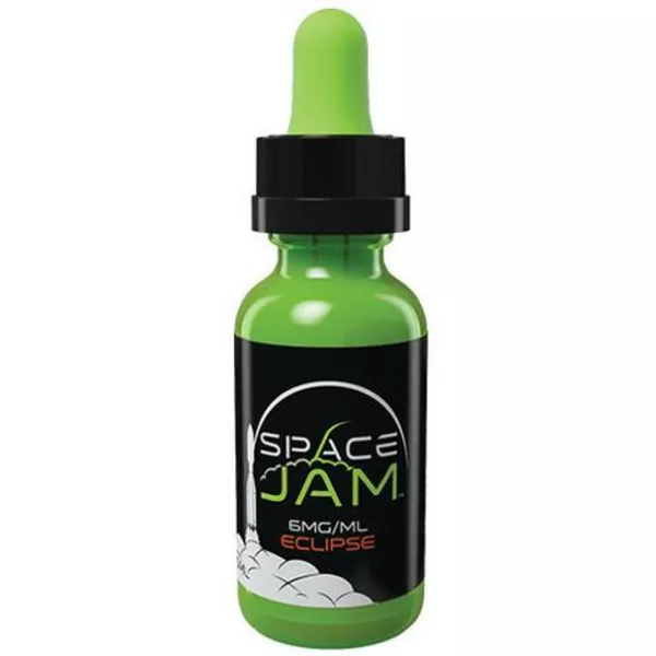 A green glass bottle with Space Jam label on a white background.