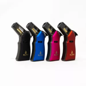 Five vibrant, sleek flame lighters in a row: red at top, blue at bottom, black, yellow, and green. Easy to hold and use with flat bottom and curved sides. Well-lit and eye-catching colors.