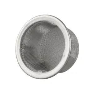 Metallic mesh screen for pipes, silver color, small holes, designed for specific purposes.