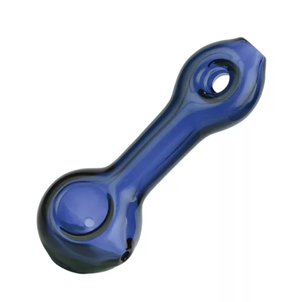Blue, opaque glass bong with metal and silver accents on handle and base. Named Donut HandPipe - Pulsar.