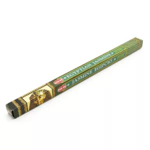 Luxurious, mysterious Egyptian Jasmine incense stick with a pyramid shape, gold leaf, and intricate designs. Made of natural material with a long handle adorned in gold foil.