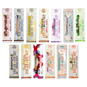 8 unique hemp wraps in mint, strawberry, & chocolate flavors. Clear plastic packaging with 'Made with love' sticker on back.