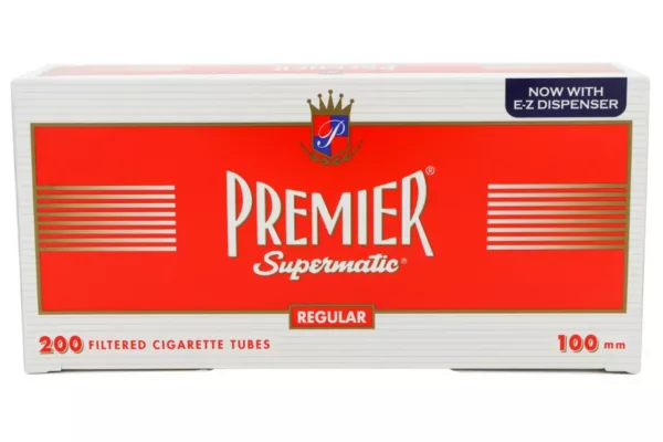 Red and white box with crown design, exuding a royal look. Tobacco company product.