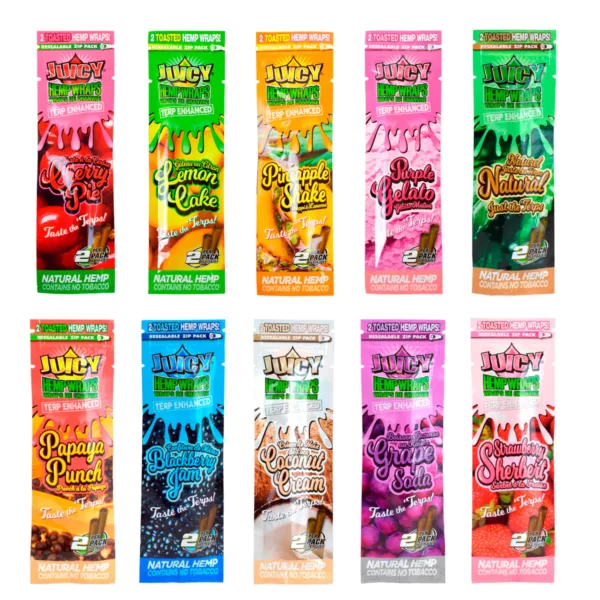 Terp Enhanced Hemp Wraps offer a variety of flavors in bold packaging. The background is light blue.