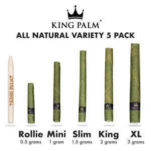 Experience a range of flavors with King Palm cigarettes: natural, spicy, menthol, fruit, and mint.