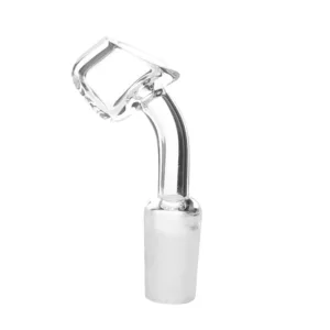 Clear glass pipe with silver handle, standing on white background.