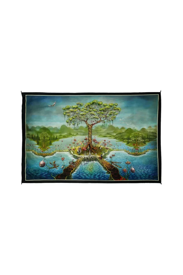 A serene painting of a large tree surrounded by animals in a lush jungle, representing the beauty and diversity of nature.