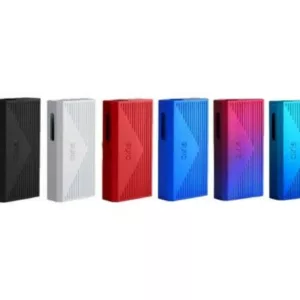 toy-like smoking device with four differently colored, metallic boxes stacked on top of each other. The colors change depending on the angle of view.