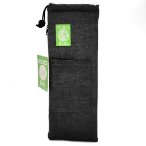 A black pouch made of heavy duty material with a zipper, designed to hold glasses or small items. Tag reads Organic Cotton in green.