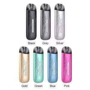 Reusable vape pod with metal and plastic casing in various colors. Clear plastic insert for liquid content. OSMALL 2 ML Refillable Pod - Vaporesso.