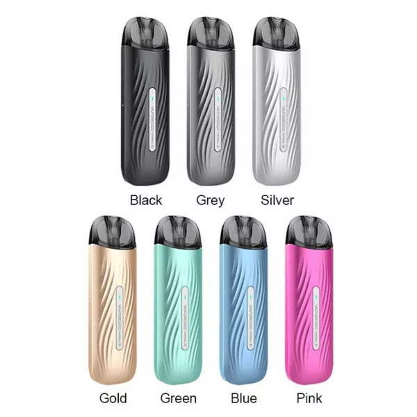 Reusable vape pod with metal and plastic casing in various colors. Clear plastic insert for liquid content. OSMALL 2 ML Refillable Pod - Vaporesso.