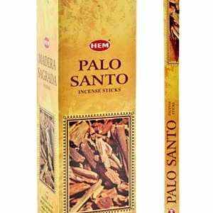 Palo Santo incense sticks, made from naturally aged tree resin, used for aromatherapy, spiritual rituals, and fragrance. Brown packaging with gold embossed logo. Brownish-yellow wood texture product inside.