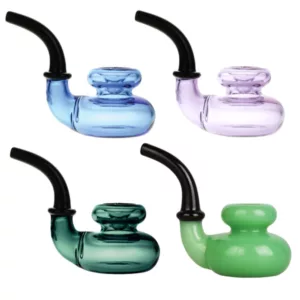 Four vibrant glass pipes in blue, green, purple, and black, with a cylindrical shape and small hole on top. High resolution image on white background.