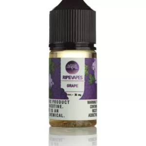 High-quality, transparent grape juice in a purple labeled bottle with a green cap, shown on Ripe Vapes' smoking company website.
