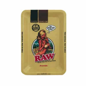 smoking accessory featuring a girl in a bikini holding a tobacco cigar on a beach with a tray of cigarettes in the background. The tray has the words Rolling Tray Girl and the brand name RAW on it.