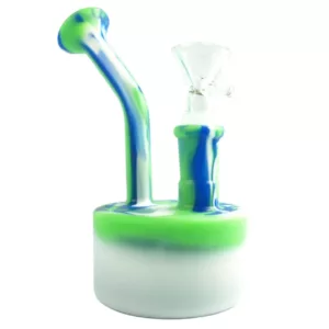 High Puck Silicone Rig with green and blue design, WWSCW14 logo, and clear glass beaker with green liquid.