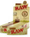 Empty cardboard box with clear plastic window and white label displaying 'Raw Rolling Papers'.