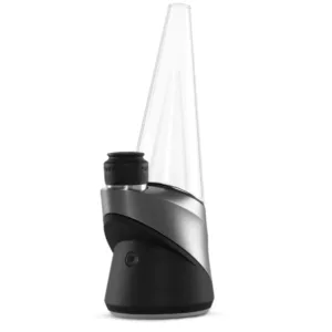 vaporizer with a clear plastic tube, circular base, and small mouthpiece. It has a large black button on the front with a silver circle and arrow.