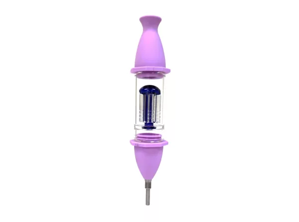Purple silicone nectar collector with flexible neck and transparent plastic base. Includes small hole for straw.