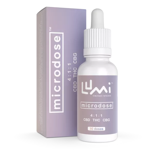 Microdose Drops D9-Lumi are clear bottle with white label containing cannabis extract, standing on white background with small box next to it.