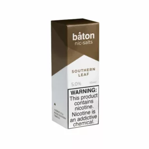 Box of Southern Leaf - Baton Bacon Mocha e-liquid with white background, black text, clear window, and label with product info.